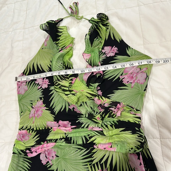 KAY UNGER Silk Tropical Floral Halter Ruffle Maxi Dress Black Green Pink… - Picture 10 of 13